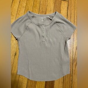 American Eagle Tan V-Neck Button Down Short Sleeve Ribbed Crop Top Size L
